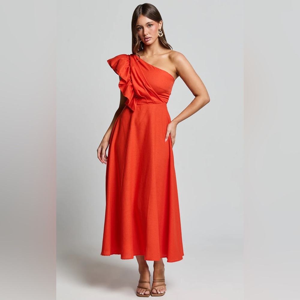 Showpo Dixie One-Shoulder Red-Orange Ruffle Midi Dress NWT